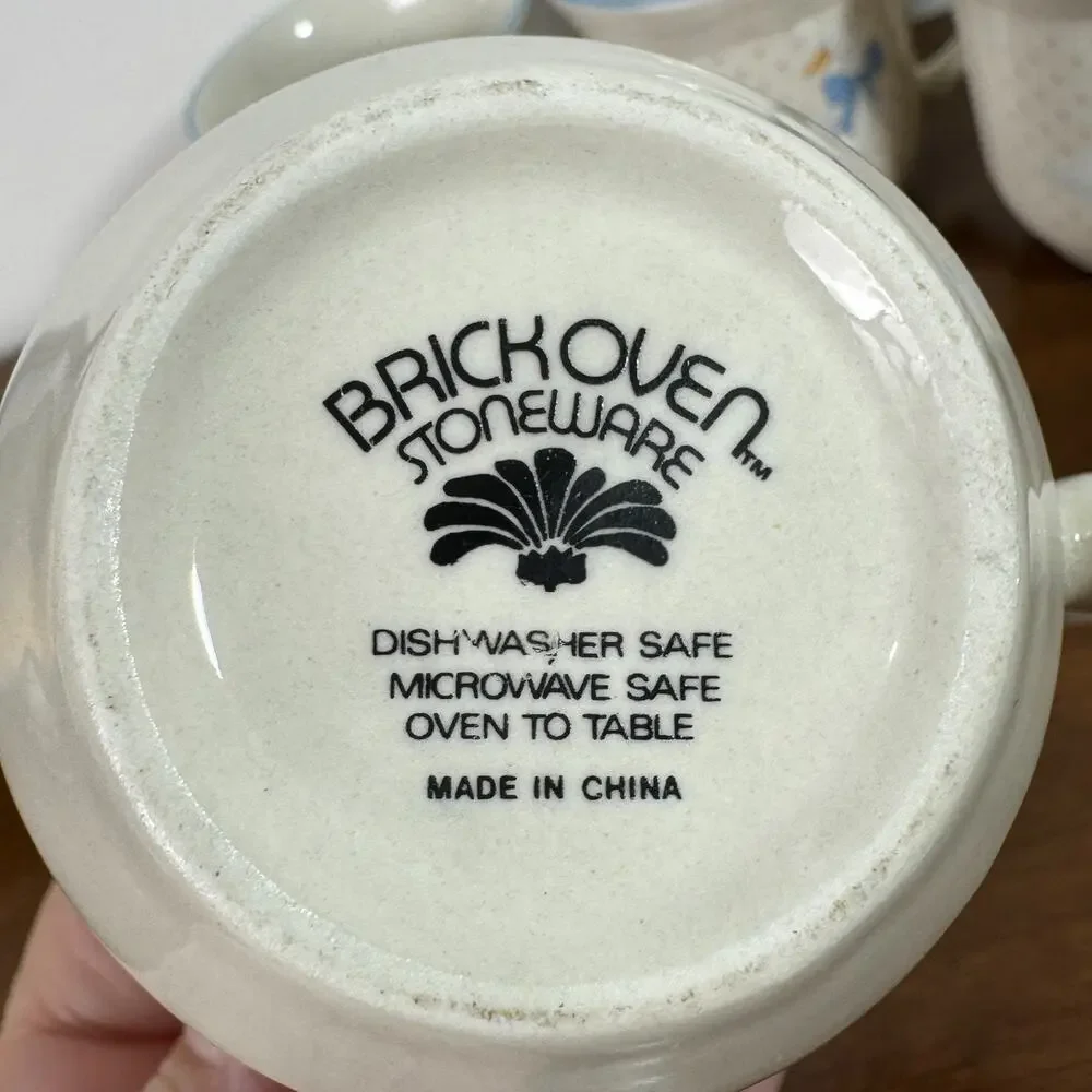 Vintage Aunt Rhody Goose Mugs Brick Oven Stoneware Blue Bow Cottage Core